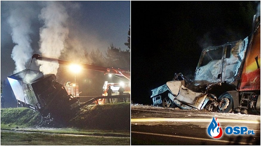 BMW wbiło się pod ciężarówkę i stanęło w ogniu. Młody kierowca zginął na miejscu. OSP Ochotnicza Straż Pożarna