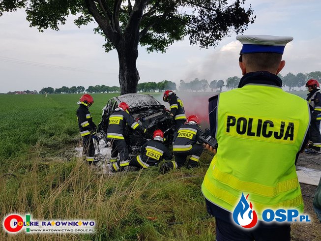 Kierowca toyoty spłonął zakleszczony w samochodzie po uderzeniu w drzewo. OSP Ochotnicza Straż Pożarna