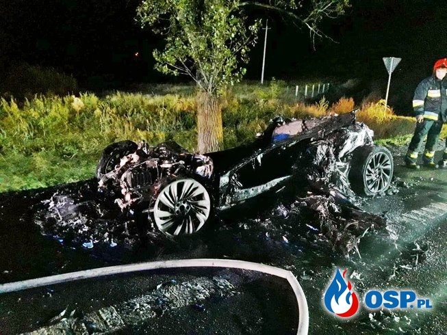 Pożar hybrydowego BMW i8. Samochód doszczętnie spłonął. OSP Ochotnicza Straż Pożarna