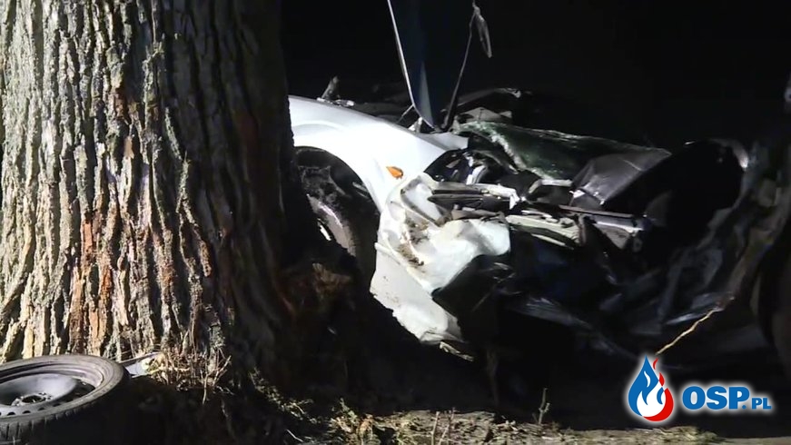 Auto roztrzaskało się na drzewie. Zginęły dwie osoby. OSP Ochotnicza Straż Pożarna