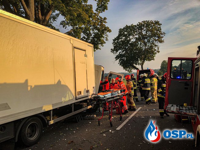 Ciężarówka uderzyła w drzewo. Po rannego kierowcę przyleciał śmigłowiec LPR. OSP Ochotnicza Straż Pożarna