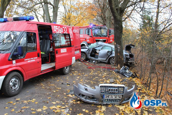 Audi uderzyło bokiem w drzewo. Dwie osoby zostały ranne. OSP Ochotnicza Straż Pożarna
