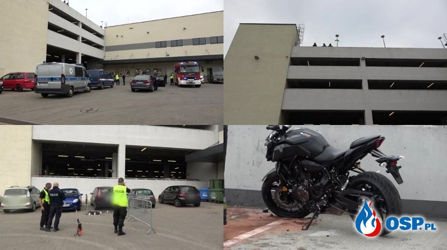 Młody motocyklista wypadł z ostatniego piętra parkingu galerii handlowej OSP Ochotnicza Straż Pożarna