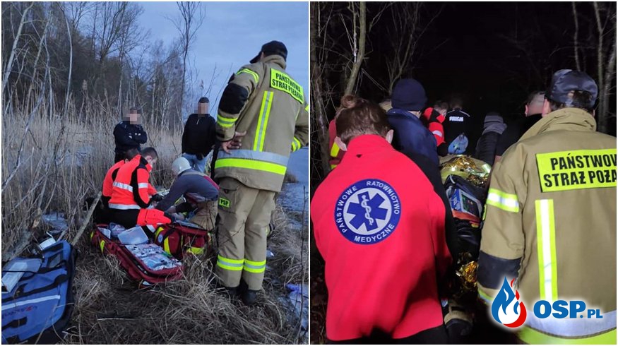 Strażacy reanimowali mężczyznę, pod którym załamał się lód. Wezwano śmigłowiec LPR. OSP Ochotnicza Straż Pożarna