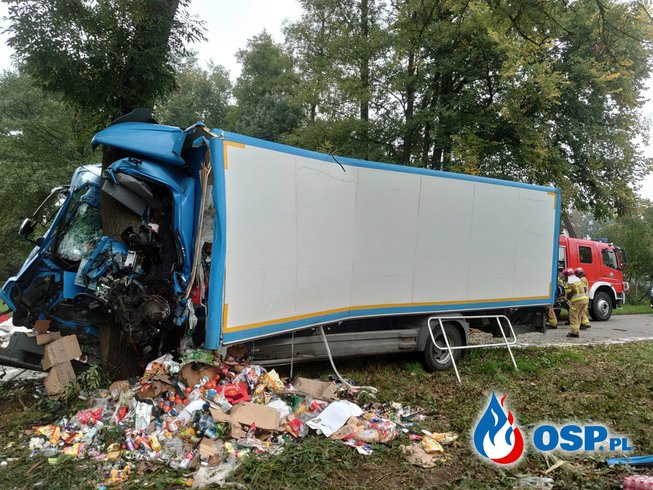 Ciężarówka roztrzaskała się na drzewie. Kierowcy nie udało się uratować. OSP Ochotnicza Straż Pożarna
