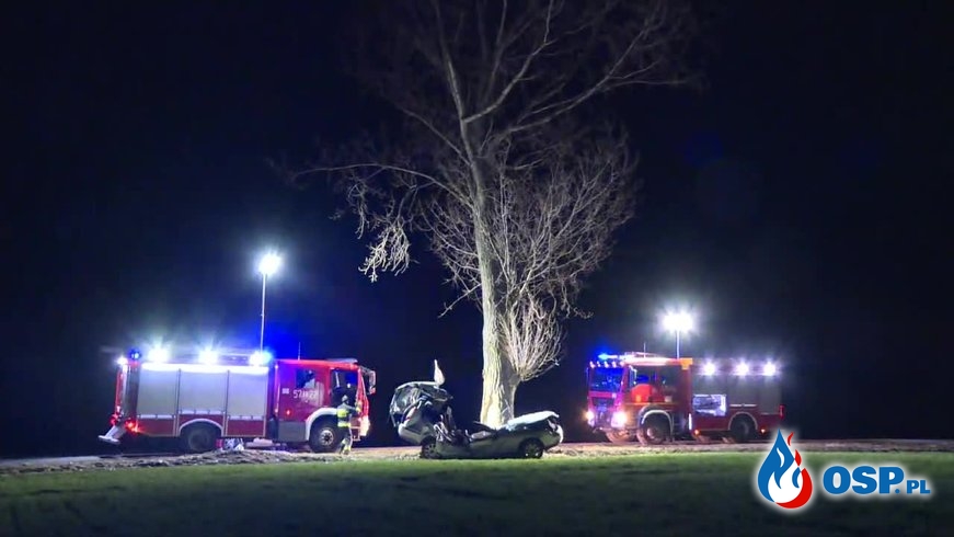 Auto roztrzaskało się na drzewie. Zginęły dwie osoby. OSP Ochotnicza Straż Pożarna