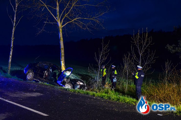 Honda dosłownie owinęła się wokół drzewa. 3 osoby trafiły do szpitala. OSP Ochotnicza Straż Pożarna