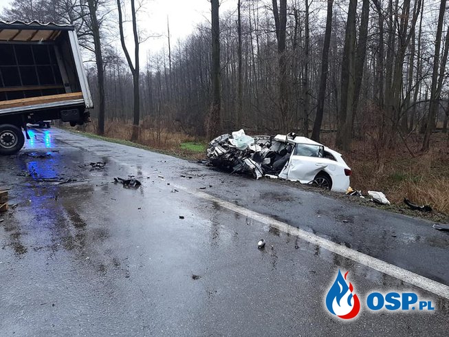 Czołowe zderzenie osobówki z ciężarówką w Nieporęcie. Jedna osoba nie żyje. OSP Ochotnicza Straż Pożarna