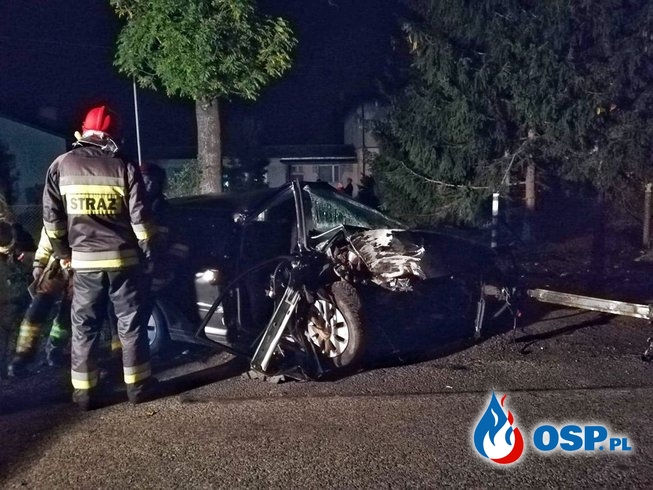 Silnik wypadł z auta po zderzeniu z drzewem. Kierowca trafił do szpitala. OSP Ochotnicza Straż Pożarna