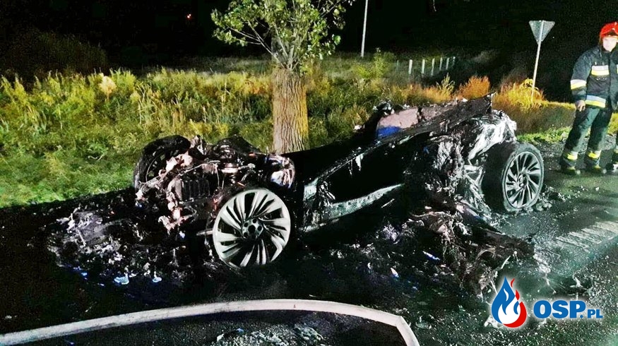 Pożar hybrydowego BMW i8. Samochód doszczętnie spłonął. OSP Ochotnicza Straż Pożarna