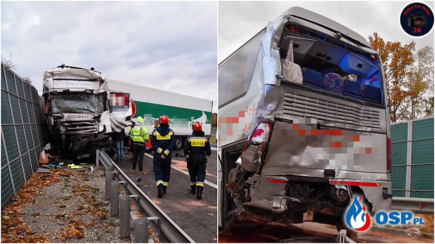 9 osób w szpitalu po wypadku na S8. Ciężarówka zderzyła się z autokarem. OSP Ochotnicza Straż Pożarna