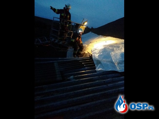 Konar drzewa na drodze w Nowej Wsi oraz zerwany dach w Olbrachcicach OSP Ochotnicza Straż Pożarna