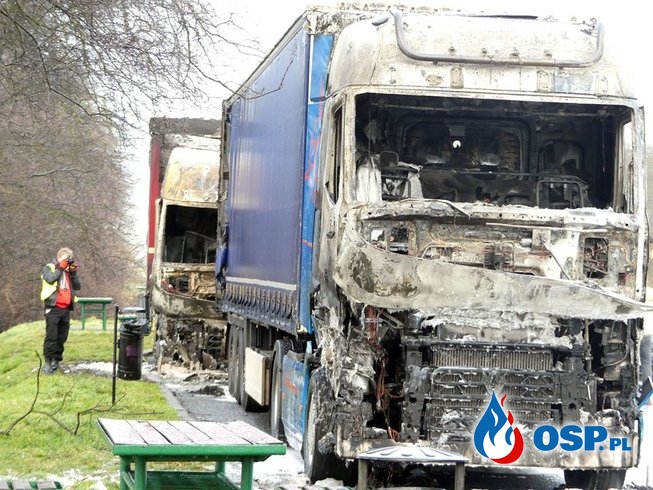 3 ciężarówki spłonęły na przydrożnym parkingu. Policja szuka świadków. OSP Ochotnicza Straż Pożarna