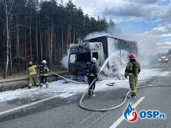 Ciężarówka stanęła w ogniu. Groźny pożar na trasie S1. OSP Ochotnicza Straż Pożarna