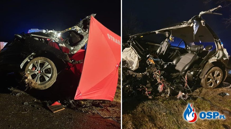 Rozpędzony mercedes uderzył w drzewo. W wypadku zginął 23-letni kierowca. OSP Ochotnicza Straż Pożarna