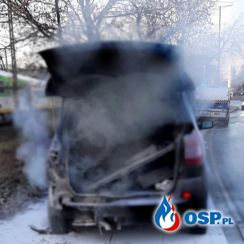 Strażnicy miejscy gasili płonące auto. Zużyli ponad 10 gaśnic. OSP Ochotnicza Straż Pożarna