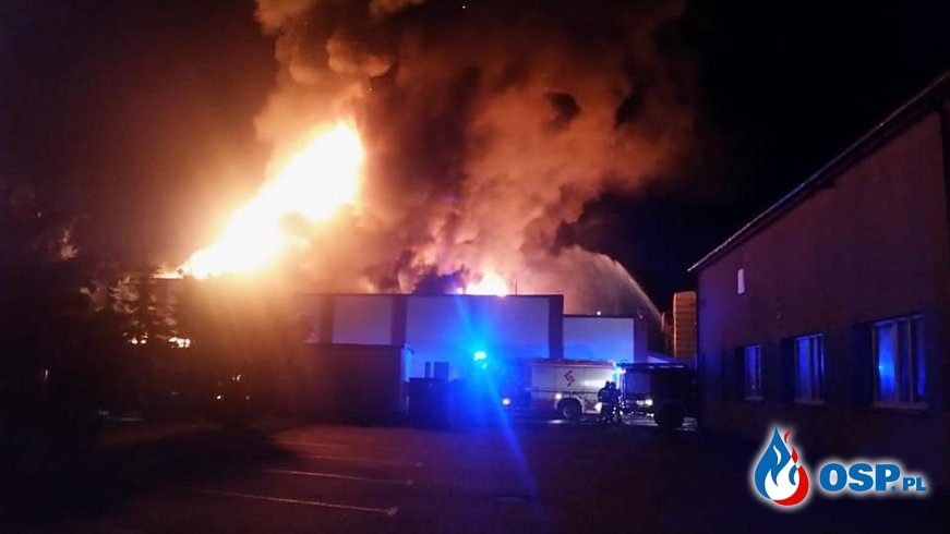 Hale magazynowe spłonęły w nocnym pożarze w Jaworznie. W akcji ponad 80 strażaków. OSP Ochotnicza Straż Pożarna