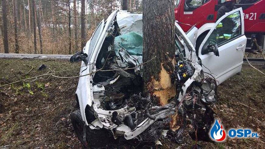 Wypadek śmiertelny na DW 244. Opel astra rozbity na drzewie. OSP Ochotnicza Straż Pożarna
