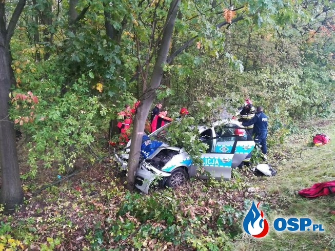 Radiowóz rozbił się na drzewie po zderzeniu z seatem. Ranni policjanci. OSP Ochotnicza Straż Pożarna