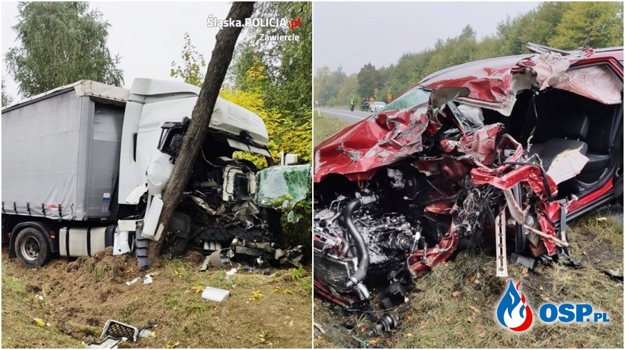 Czołowe zderzenie auta z ciężarówką. Kierowca suzuki zmarł w szpitalu. OSP Ochotnicza Straż Pożarna