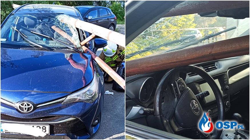 Kierowca "oszukał przeznaczenie". Metalowy szlaban przebił samochód na wylot. OSP Ochotnicza Straż Pożarna