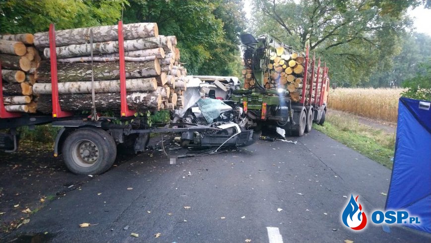 Auto dostawcze zostało zmiażdżone po zderzeniu z ciężarówką. Zginął 62-latek. OSP Ochotnicza Straż Pożarna