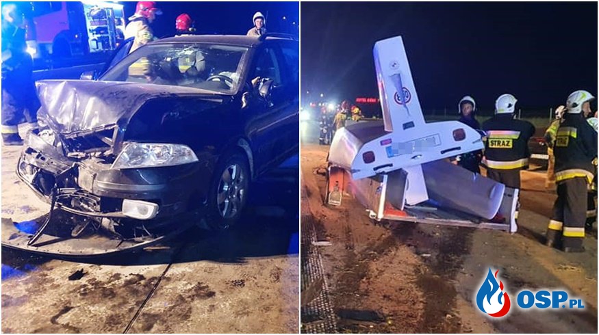 Nietypowy wypadek na S8. Uszkodzone 5 aut i... szybowiec. OSP Ochotnicza Straż Pożarna