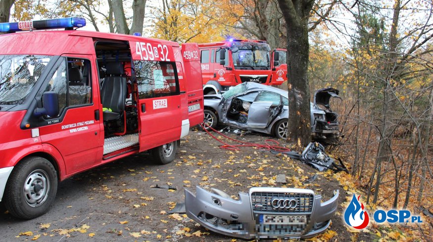 Audi uderzyło bokiem w drzewo. Dwie osoby zostały ranne. OSP Ochotnicza Straż Pożarna