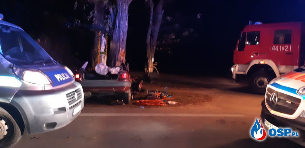 Opel uderzył w przydrożne drzewo. Dwie osoby zginęły. OSP Ochotnicza Straż Pożarna