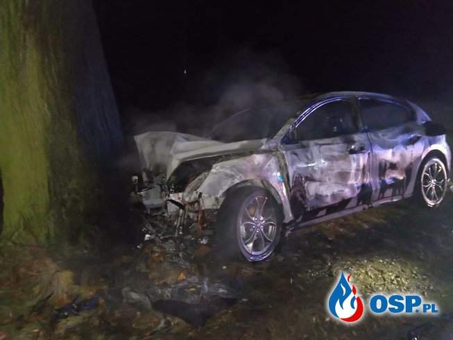 Auto zapaliło się po zderzeniu z drzewem. Kierowca próbował uniknąć zderzenia ze zwierzęciem. OSP Ochotnicza Straż Pożarna