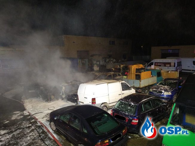 10 samochodów spłonęło na parkingu. Nocny pożar w Poznaniu. OSP Ochotnicza Straż Pożarna