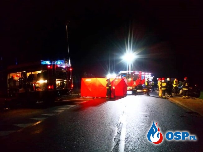 Auto zderzyło się z ciężarówką, jedna osoba zginęła na miejscu OSP Ochotnicza Straż Pożarna