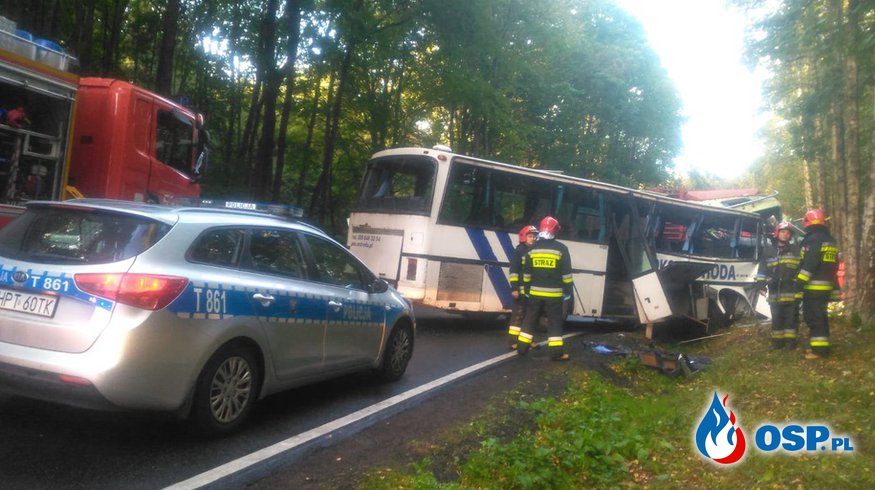 Wypadek autobusu z dziećmi. Nie żyje opiekunka i kierowca. OSP Ochotnicza Straż Pożarna
