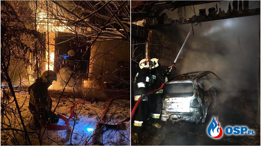 Nocny pożar na Opolszczyźnie. Spłonął samochód i budynek gospodarczy. OSP Ochotnicza Straż Pożarna