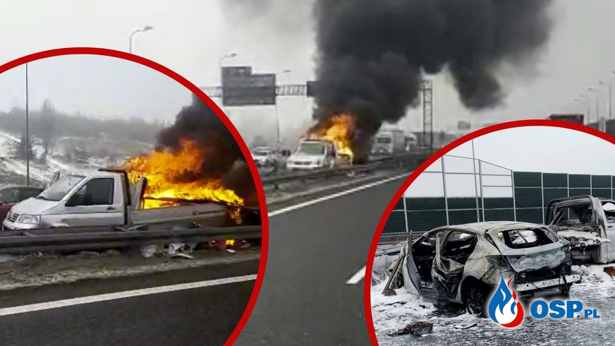 Wypadek i pożar na A4, spłonęły dwa auta. Jeden z kierowców w szpitalu. OSP Ochotnicza Straż Pożarna