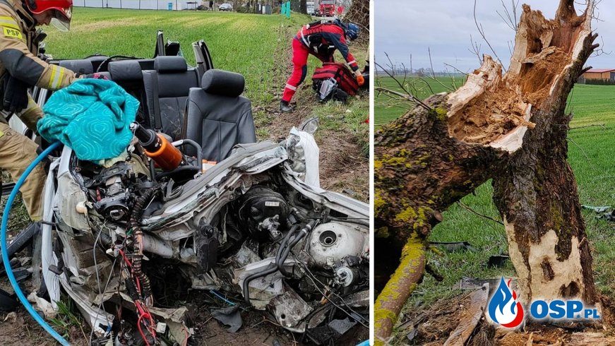 Rozpędzone BMW połamało drzewo. Z auta została kupa złomu OSP Ochotnicza Straż Pożarna