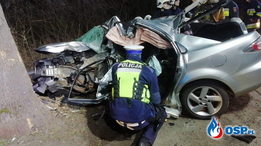 Auto roztrzaskało się na drzewie, zginął kierowca. Wiózł 5 pasażerów. OSP Ochotnicza Straż Pożarna