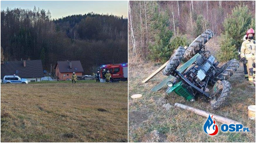 Traktor przewrócił się na polnej drodze, zginął kierowca OSP Ochotnicza Straż Pożarna