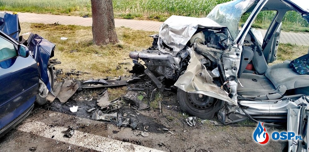 Dwóch kierowców zginęło w czołowym zderzeniu w Wielkopolsce OSP Ochotnicza Straż Pożarna