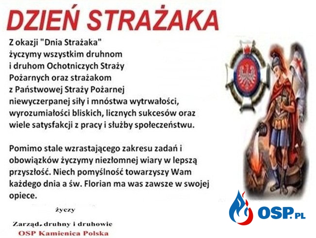 Życzenia z okazji Dnia św. Floriana. 2018r OSP Ochotnicza Straż Pożarna