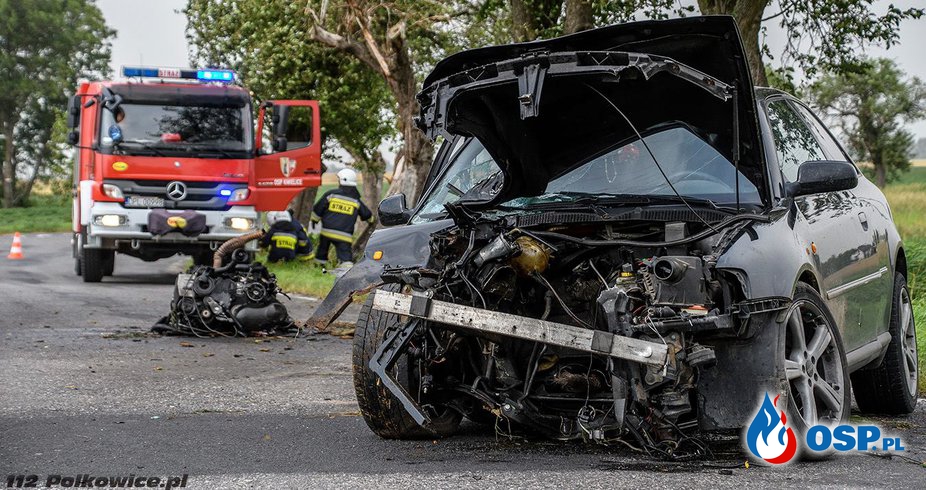 Audi A3 uderzyło w dwa drzewa. Z samochodu wypadł silnik, kierowca walczy o życie. OSP Ochotnicza Straż Pożarna