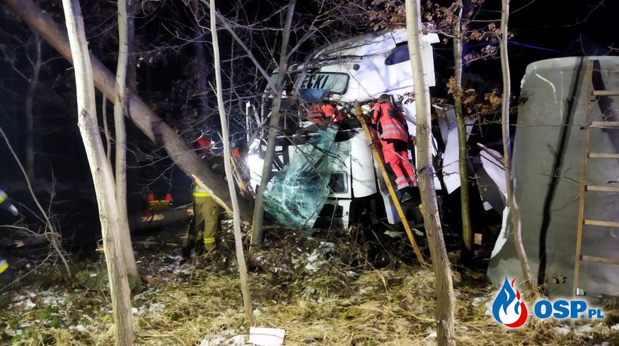 Wypadek dwóch ciężarówek. Jedna po zderzeniu wjechała do lasu. OSP Ochotnicza Straż Pożarna