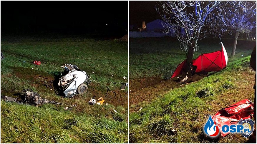 BMW rozpadło się po uderzeniu w drzewo. Kierowca wypadł z auta, zginął na miejscu. OSP Ochotnicza Straż Pożarna