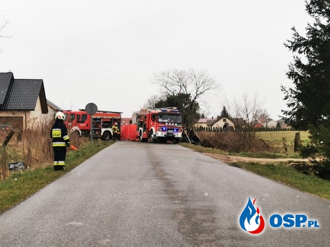 Mercedes dosłownie złamał się na drzewie. 36-letni kierowca zginął. OSP Ochotnicza Straż Pożarna