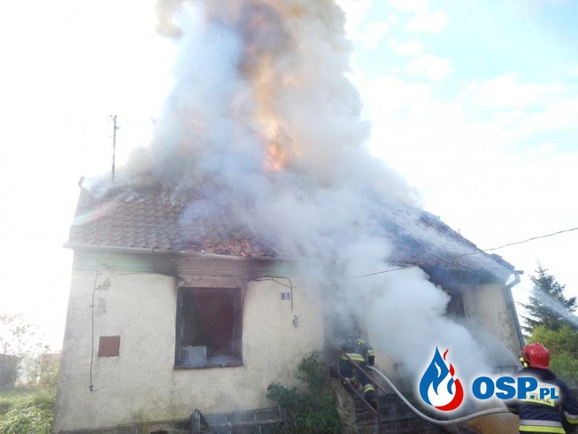 Pożar domu jednorodzinnego w gminie Gołdap. W akcji 6 zastępów strażaków. OSP Ochotnicza Straż Pożarna