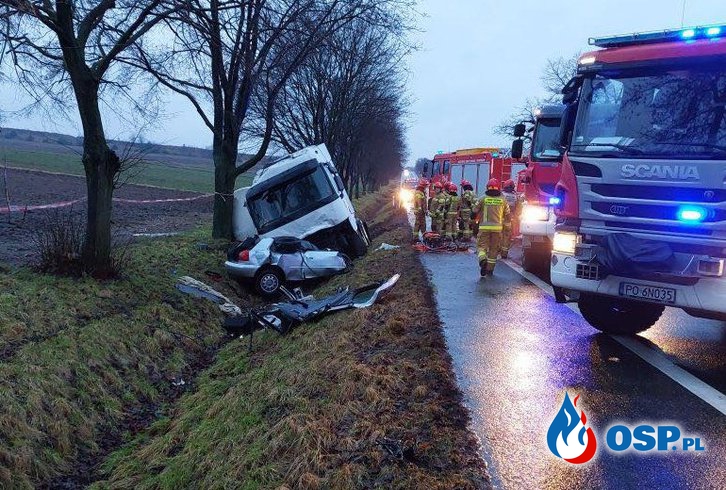 Trzy młode osoby nie żyją. Czołowe zderzenie auta z ciężarówką w Wielkopolsce. OSP Ochotnicza Straż Pożarna