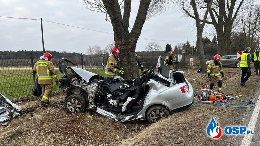 Samochód uderzył dachem w drzewo. Kierowca nie żyje. OSP Ochotnicza Straż Pożarna