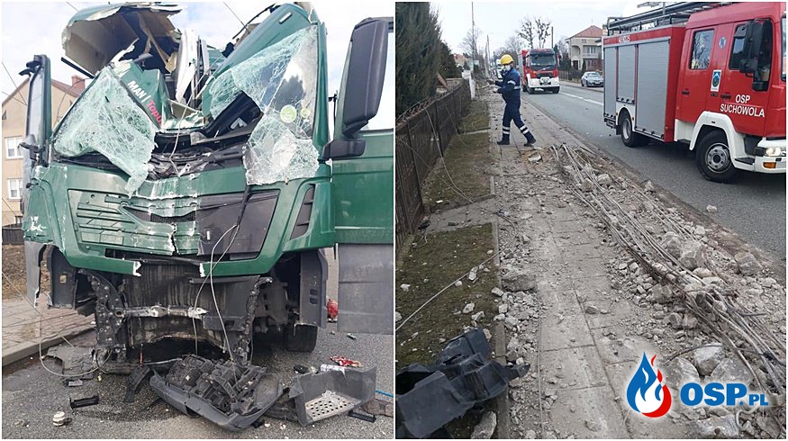 Ciężarówka staranowała słupy energetyczne. Kierowca zginął na miejscu. OSP Ochotnicza Straż Pożarna