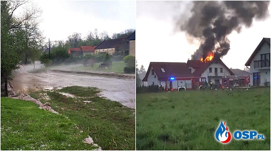 Pożary od uderzeń piorunów, zalane posesje i drogi. Blisko 500 interwencji strażaków po burzach na południu Polski. OSP Ochotnicza Straż Pożarna