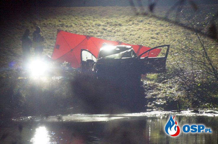 Trzy osoby zginęły w wypadku w Lubelskiem. Auto wybiło się na nasypie i wpadło do wody. OSP Ochotnicza Straż Pożarna